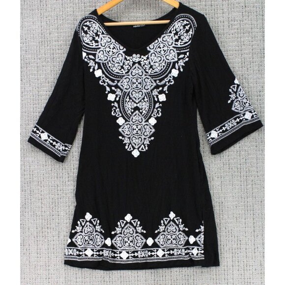 Heimish USA Tunic Dress Womens Medium M Black 3/4 Sleeve Lace Floral Pullover - Picture 1 of 8